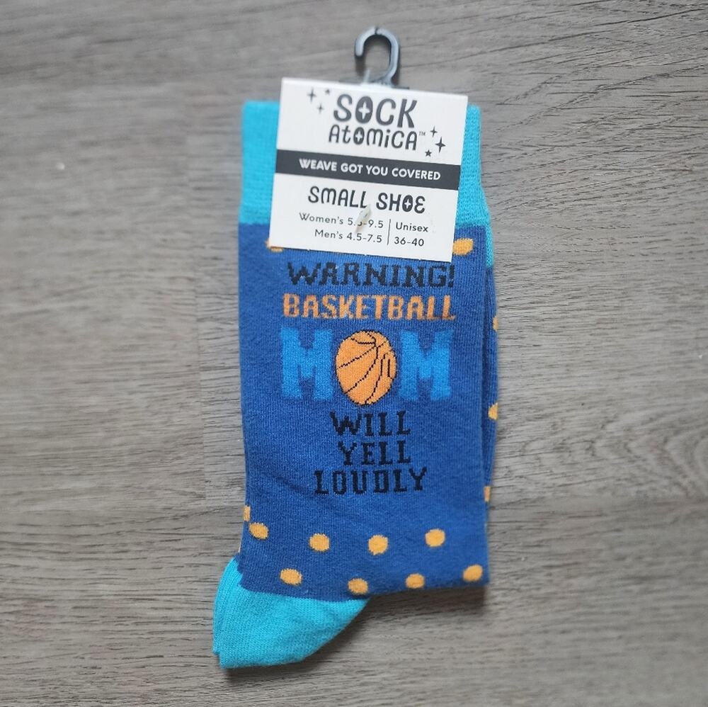 NWT Sock Atomica Women's 'Warning: Basketball Mom Will Yell Loudly' Crew Socks